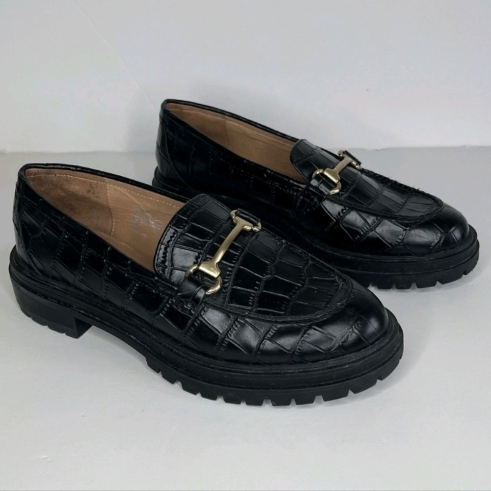 Madewell Black Croc-Embossed Loafers with Gold Hardware - Picture 1 of 4